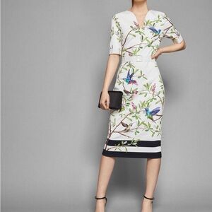 Ted Baker Everly Bird Print Short Sleeve Sheath Dress in White/Multi Size 6